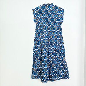Made in Italy Blue Geometric Print Cotton tiered sleeveless midi dress